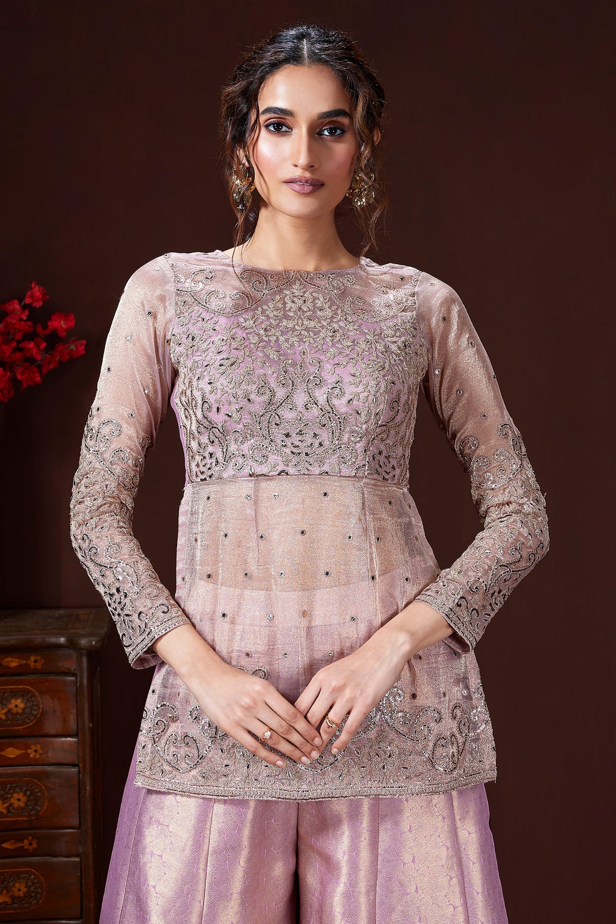 Lilac Tissue Sequin Embroidered Top and Palazzo Set - red saree embroidered