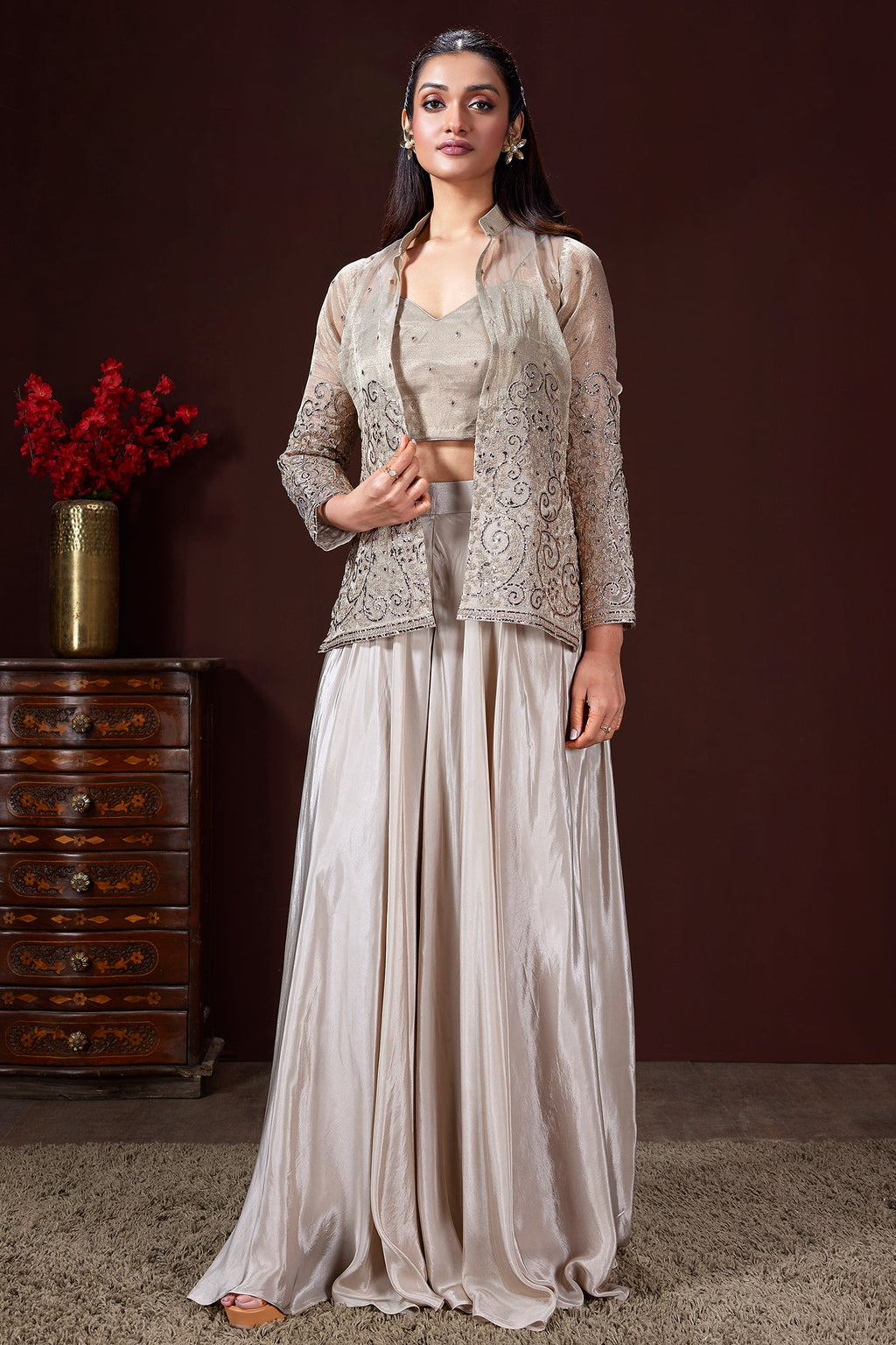 Grey Tissue Embroidered Crop Top Palazzo Set with Jacket - red saree embroidered
