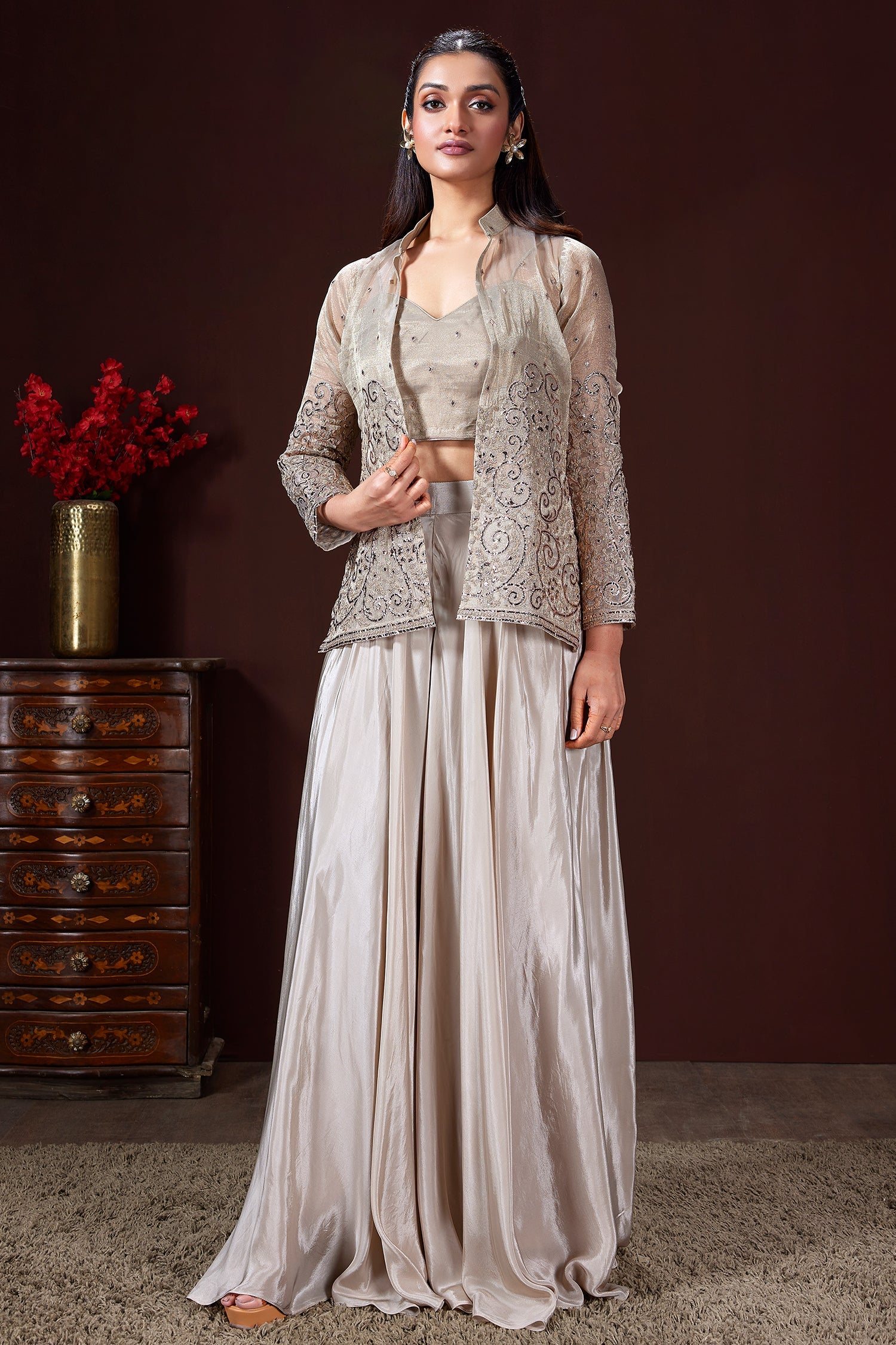 Grey Tissue Embroidered Crop Top Palazzo Set with Jacket - red saree embroidered
