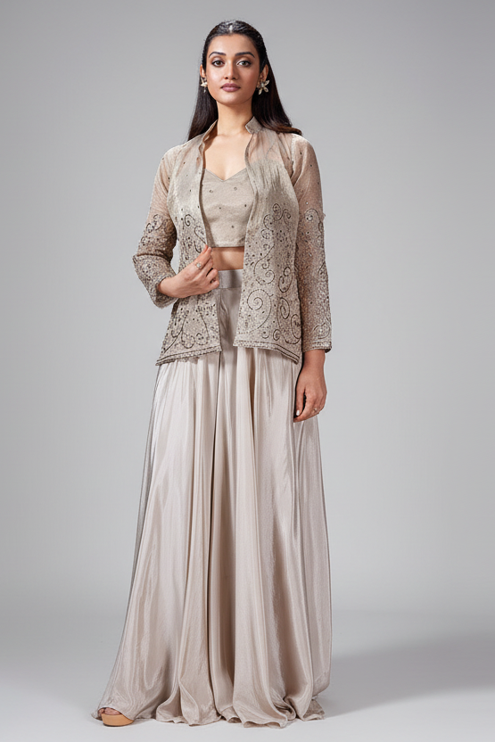 Grey Tissue Embroidered Crop Top Palazzo Set with Jacket - red saree embroidered