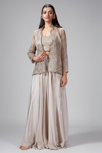 Grey Tissue Embroidered Crop Top Palazzo Set with Jacket - red saree embroidered