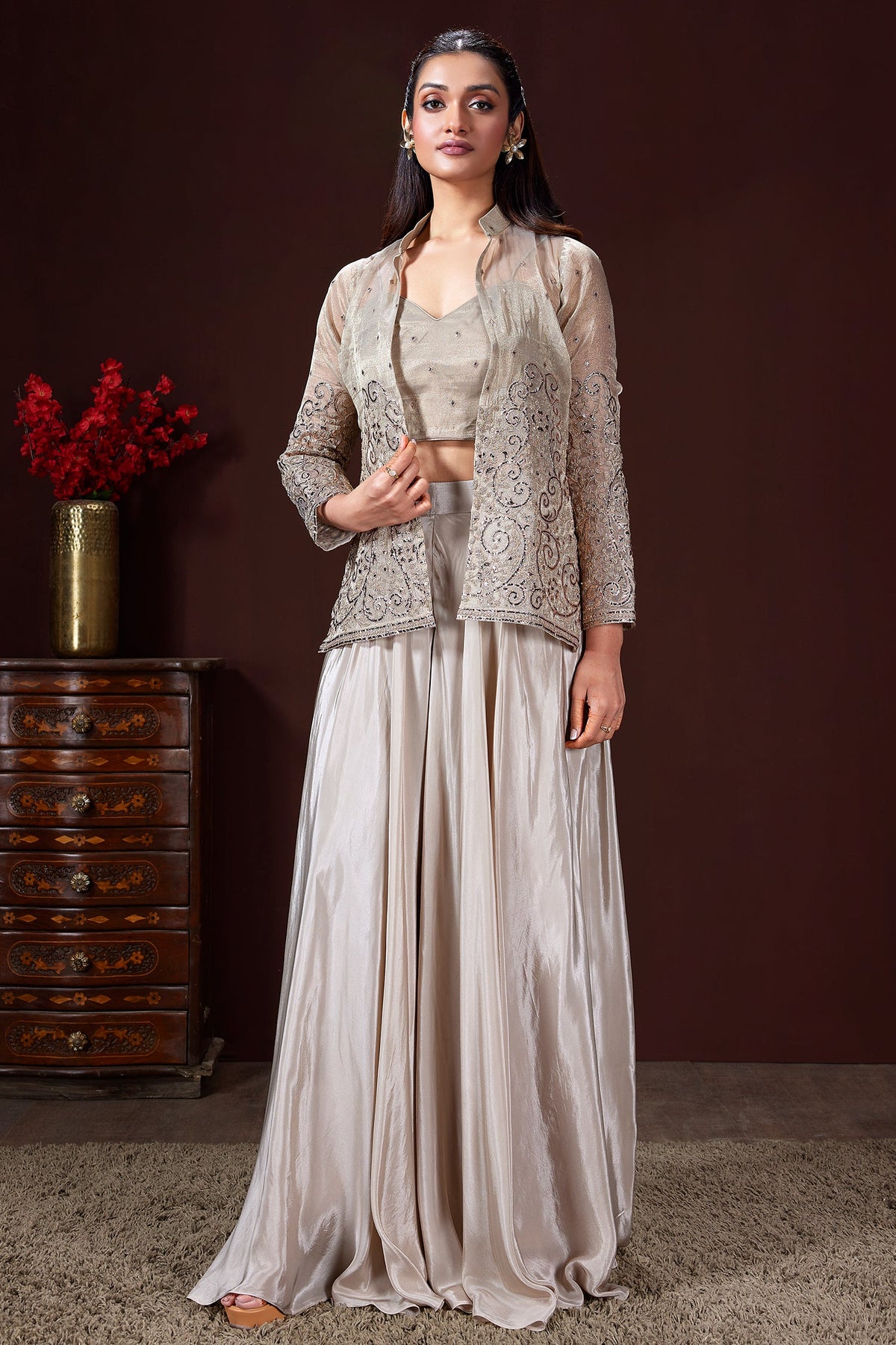 Grey Tissue Embroidered Crop Top Palazzo Set with Jacket - red saree embroidered