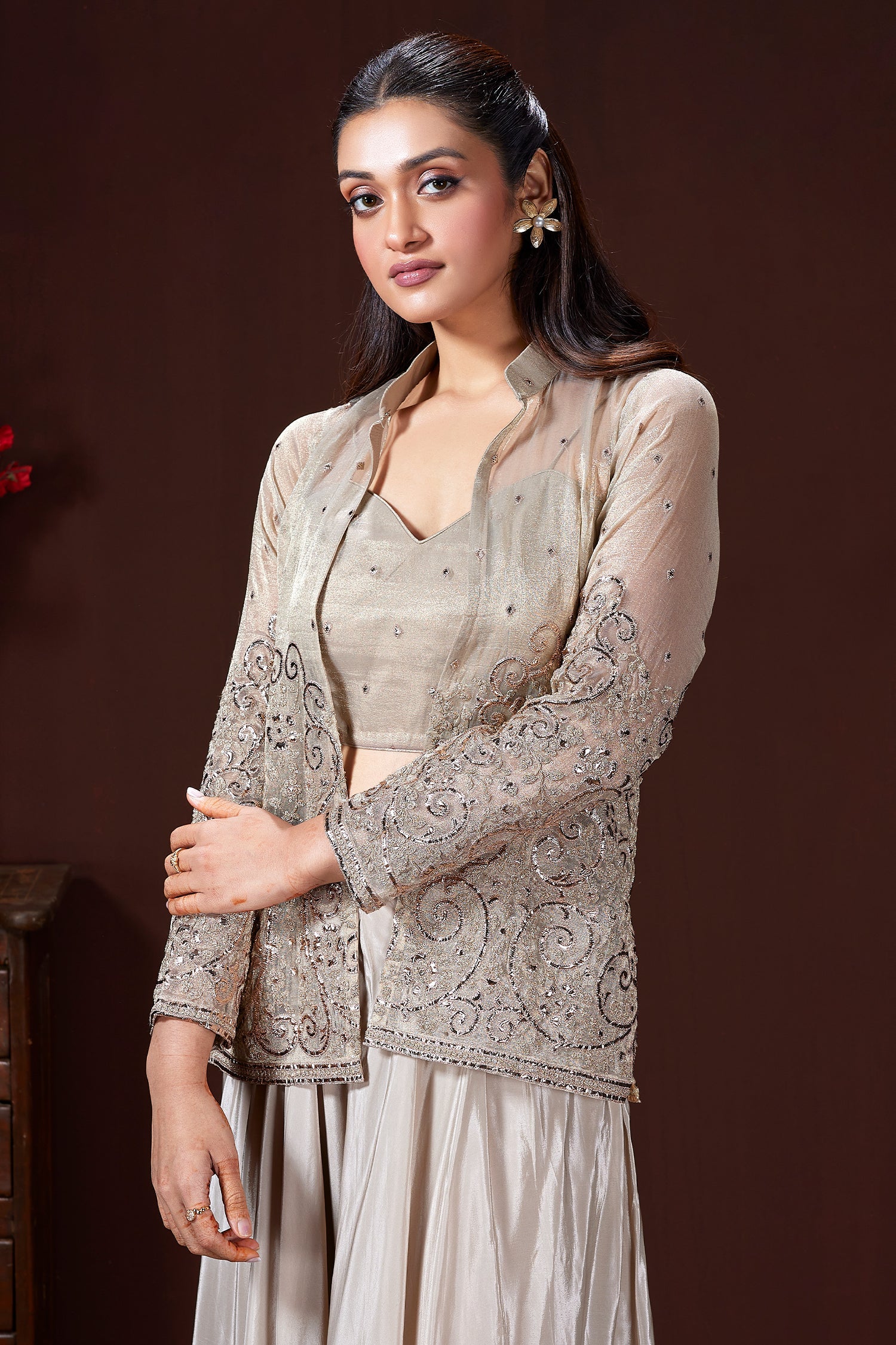 Grey Tissue Embroidered Crop Top Palazzo Set with Jacket - red saree embroidered