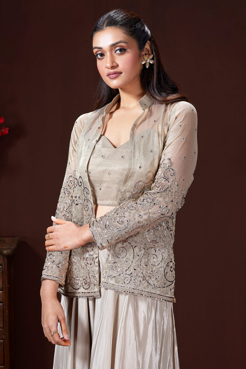 Grey Tissue Embroidered Crop Top Palazzo Set with Jacket - red saree embroidered