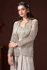 Grey Tissue Embroidered Crop Top Palazzo Set with Jacket - red saree embroidered