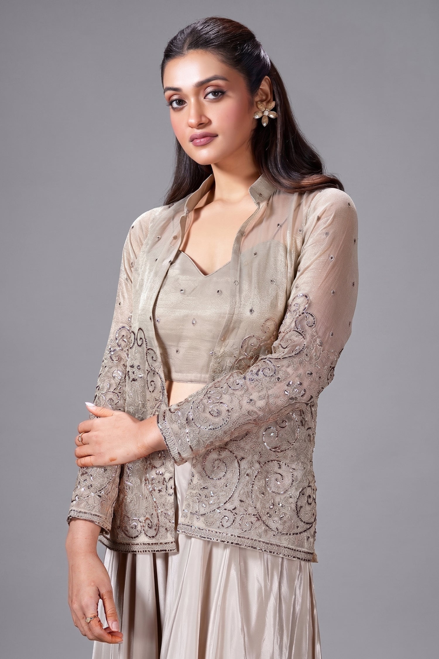 Grey Tissue Embroidered Crop Top Palazzo Set with Jacket Secondary image