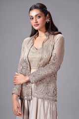 Grey Tissue Embroidered Crop Top Palazzo Set with Jacket - red saree embroidered