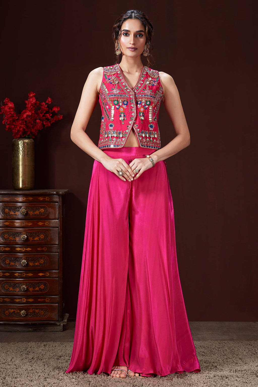 Pink Silk Embroidered and Mirror Worked Crop Top Palazzo Set with Shell Detailing - red silk saree embroidered