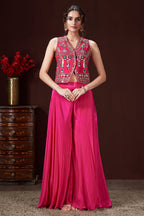 Pink Silk Embroidered and Mirror Worked Crop Top Palazzo Set with Shell Detailing - red silk saree embroidered