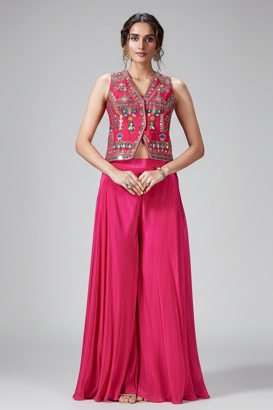 Pink Silk Embroidered and Mirror Worked Crop Top Palazzo Set with Shell Detailing - red silk saree embroidered