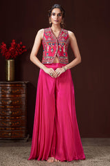 Pink Silk Embroidered and Mirror Worked Crop Top Palazzo Set with Shell Detailing