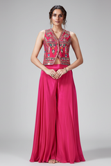 Pink Silk Embroidered and Mirror Worked Crop Top Palazzo Set with Shell Detailing