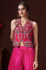 Pink Silk Embroidered and Mirror Worked Crop Top Palazzo Set with Shell Detailing