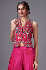 Pink Silk Embroidered and Mirror Worked Crop Top Palazzo Set with Shell Detailing