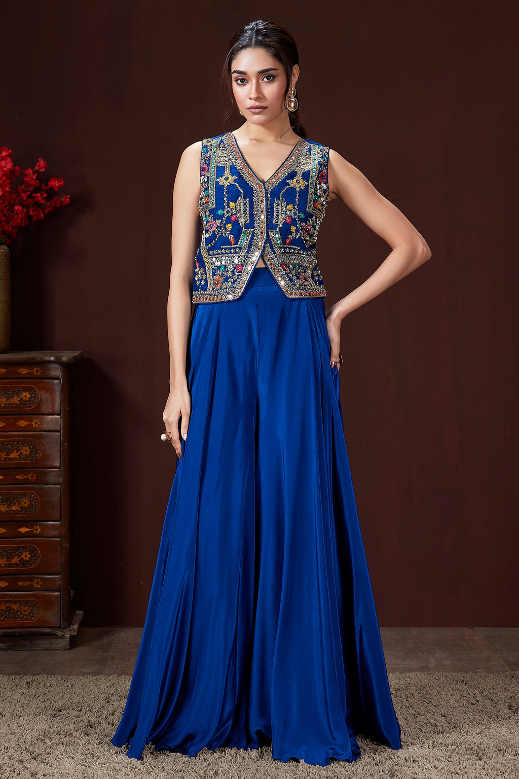 Blue Silk Embroidered and Mirror Worked Crop Top Palazzo Set with Shell Detailing - red silk saree embroidered