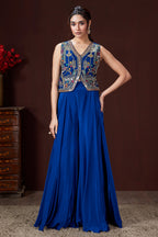 Blue Silk Embroidered and Mirror Worked Crop Top Palazzo Set with Shell Detailing - red silk saree embroidered
