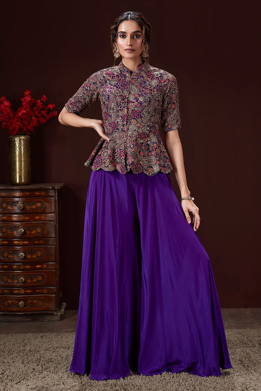 Violet Purple Silk Sequin Embroidery Peplum Top and Palazzo Set - purple silk saree embroidery