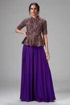 Violet Purple Silk Sequin Embroidery Peplum Top and Palazzo Set - purple silk saree embroidery