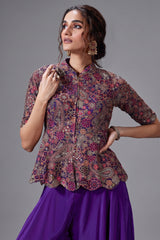 Violet Purple Silk Sequin Embroidery Peplum Top and Palazzo Set