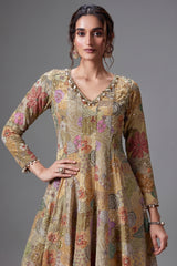 Olive Green and Multi Colored Crepe Satin Silk Palazzo Set