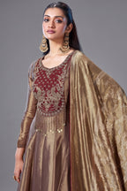 Golden Tissue Silk Cutdana and Zardosi Worked Anarkali Palazzo Suit - gold silk saree