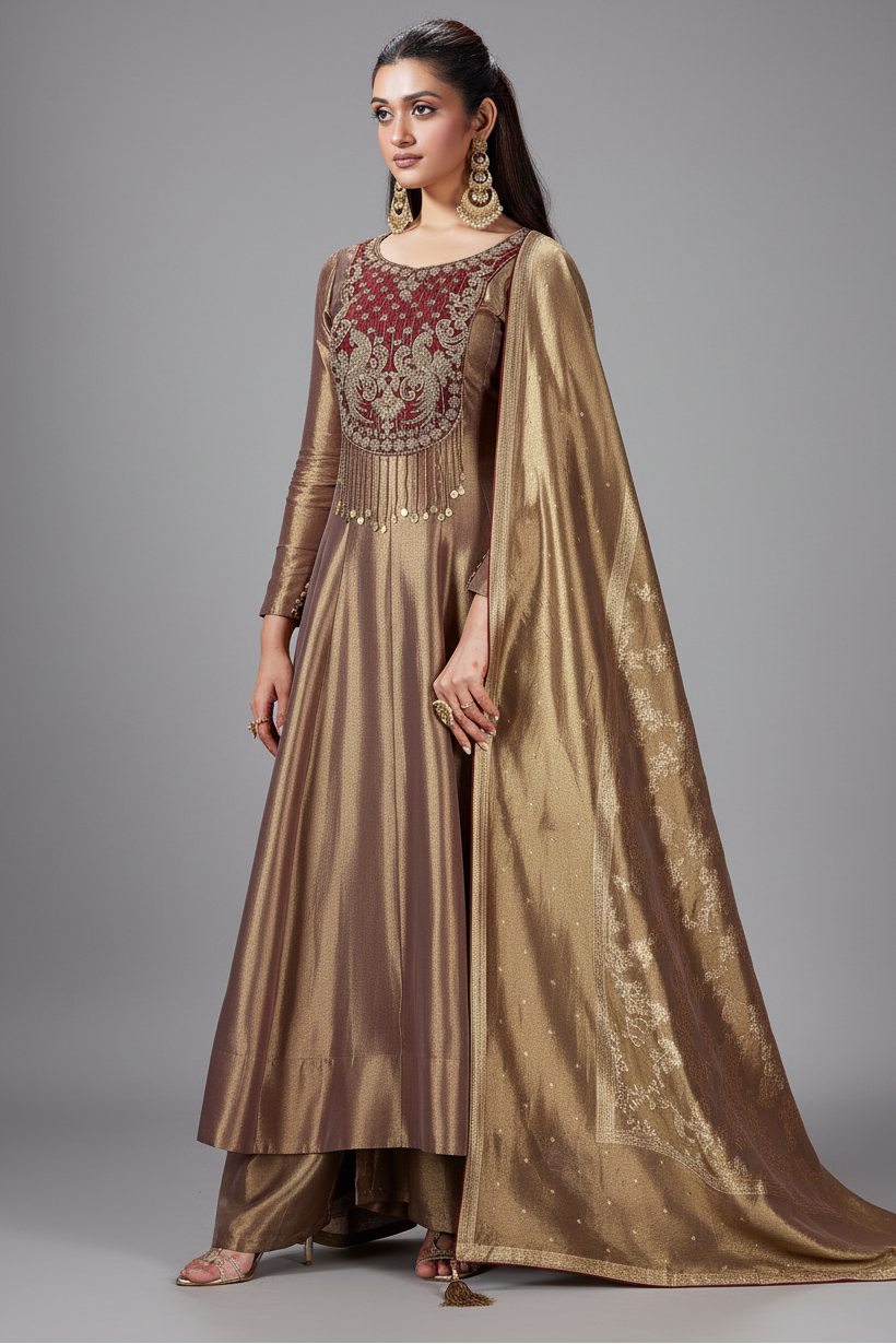 Golden Tissue Silk Cutdana and Zardosi Worked Anarkali Palazzo Suit - gold silk saree