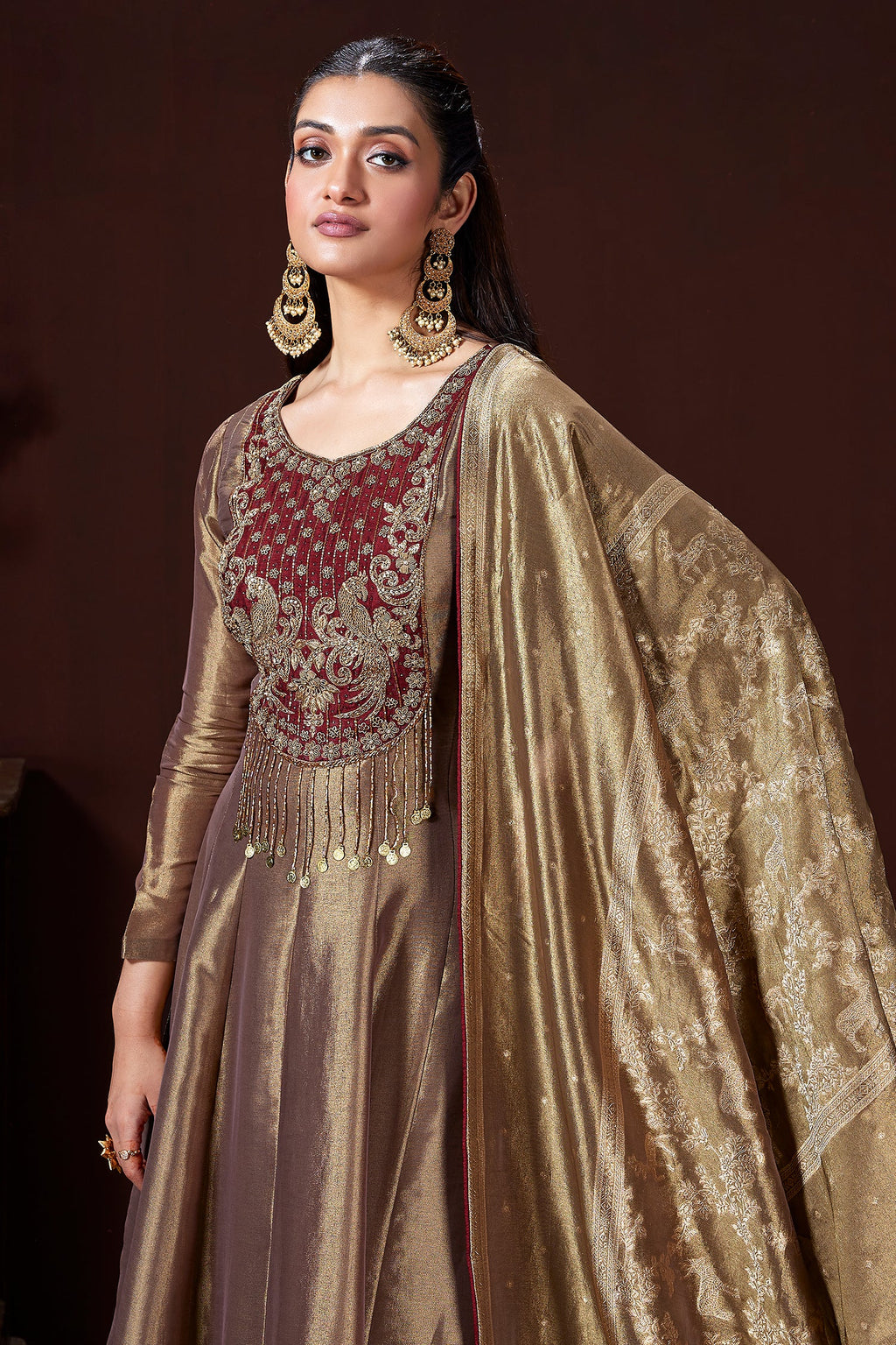 Golden Tissue Silk Cutdana and Zardosi Worked Anarkali Palazzo Suit - gold silk saree
