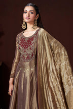 Golden Tissue Silk Cutdana and Zardosi Worked Anarkali Palazzo Suit - gold silk saree