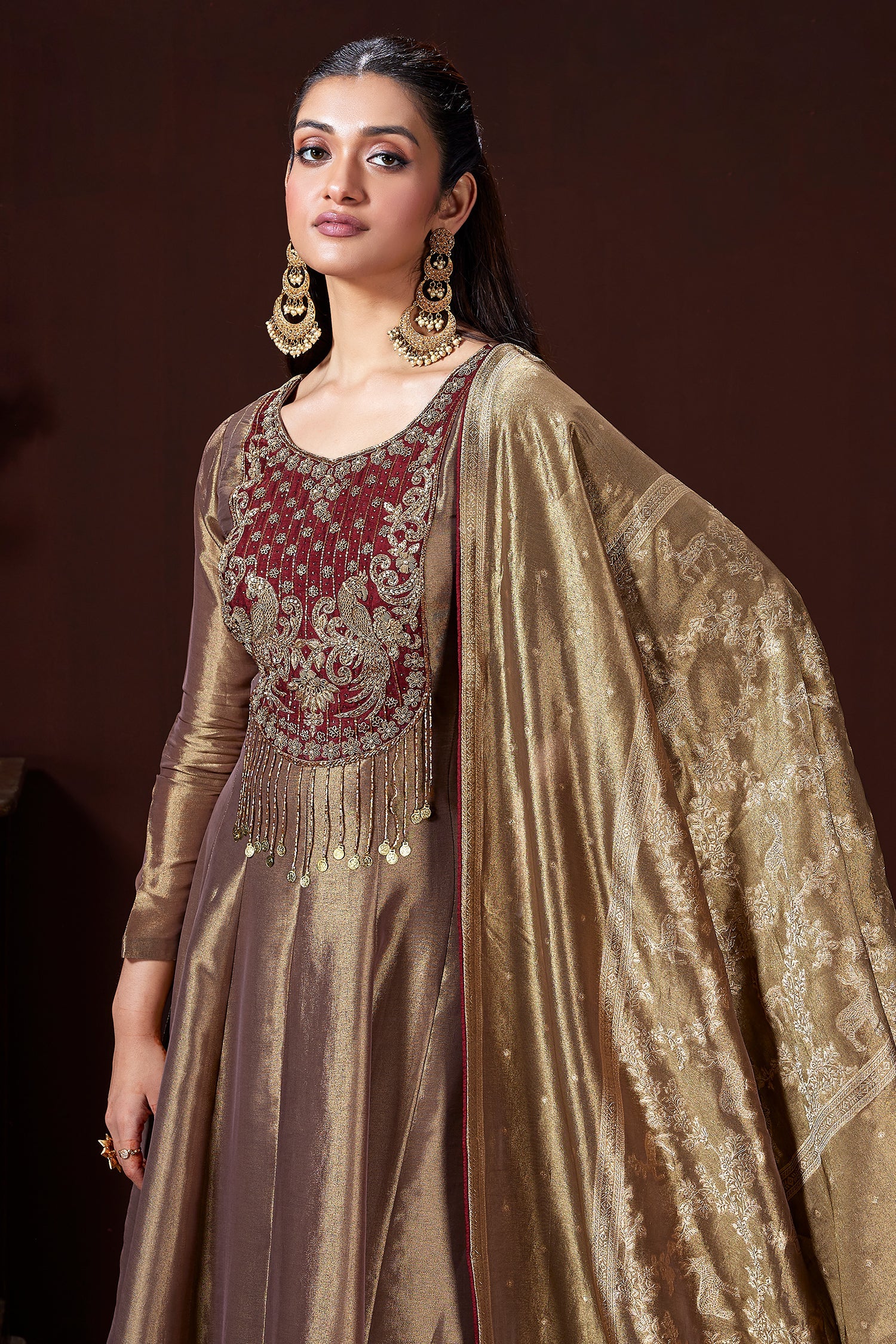 Golden Tissue Silk Cutdana and Zardosi Worked Anarkali Palazzo Suit - gold silk saree