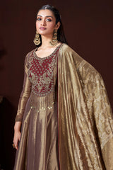 Golden Tissue Silk Cutdana and Zardosi Worked Anarkali Palazzo Suit - gold silk saree