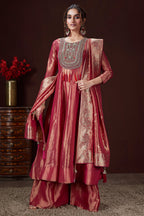 Pink Tissue Zardosi and Sequin Worked Anarkali Palazzo Suit - pink saree