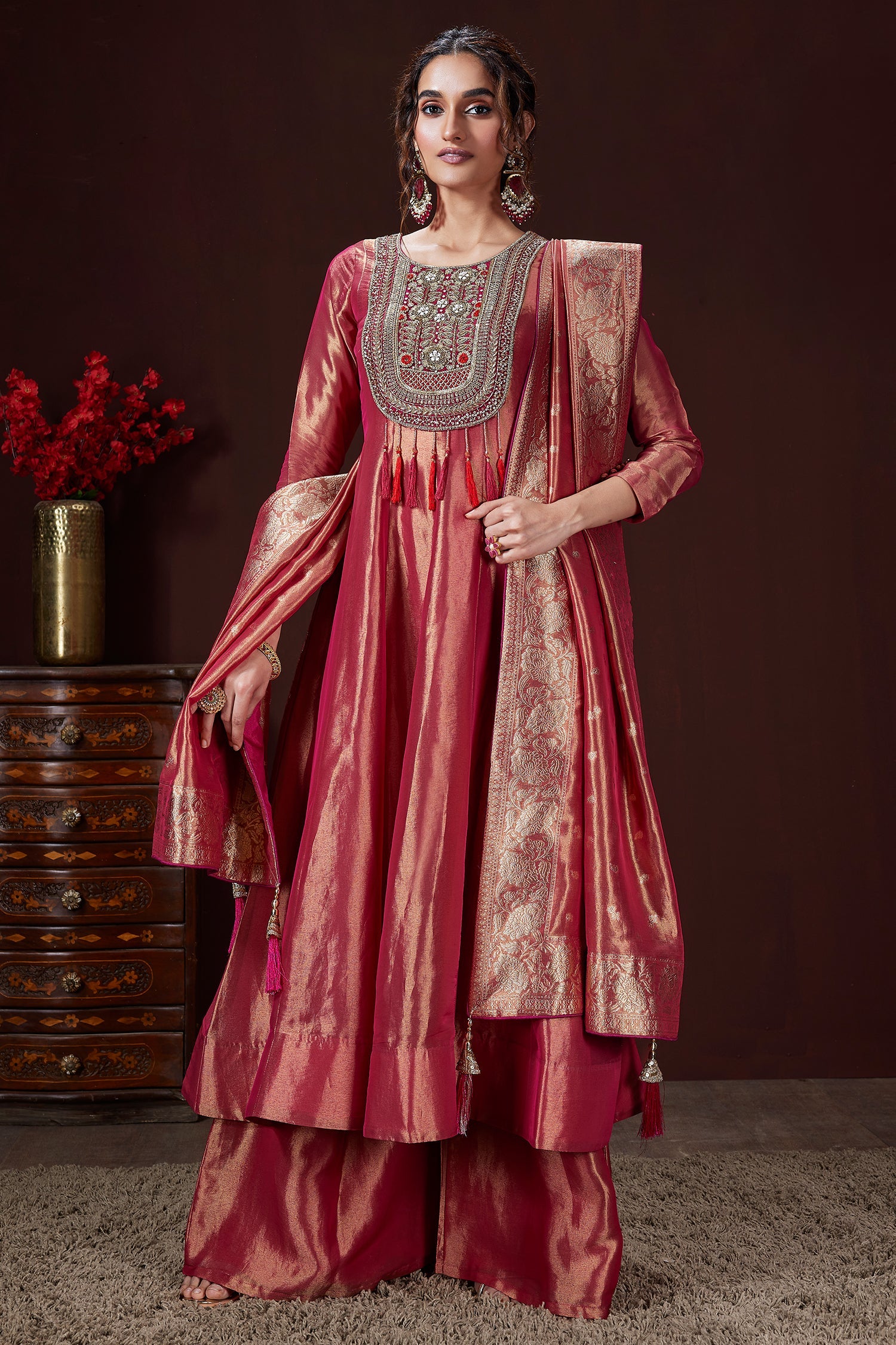Pink Tissue Zardosi and Sequin Worked Anarkali Palazzo Suit - pink saree