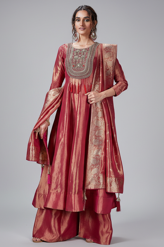 Pink Tissue Zardosi and Sequin Worked Anarkali Palazzo Suit - pink saree Main image