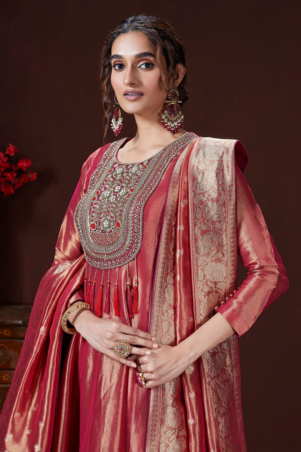 Pink Tissue Zardosi and Sequin Worked Anarkali Palazzo Suit - pink saree