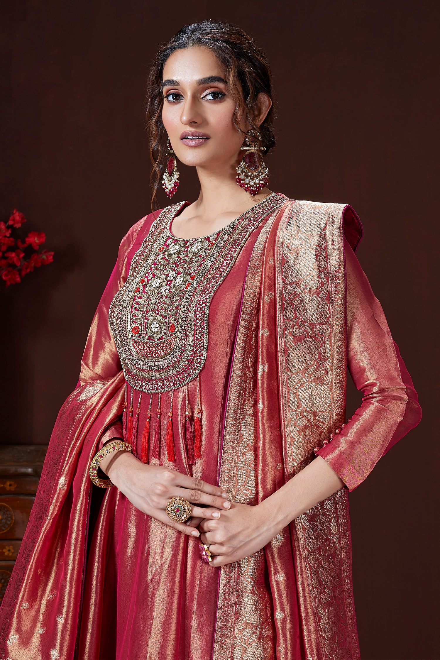 Pink Tissue Zardosi and Sequin Worked Anarkali Palazzo Suit - pink saree