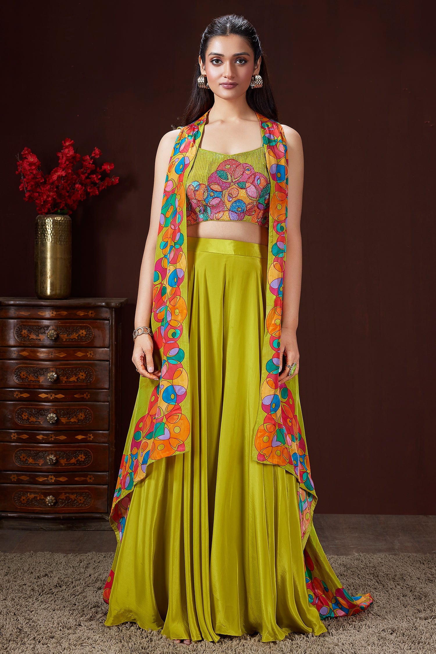 Lime Green Crepe Silk Cutdana Worked Crop Top Palazzo Set with Jacket - green silk saree