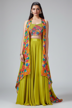 Lime Green Crepe Silk Cutdana Worked Crop Top Palazzo Set with Jacket - green silk saree
