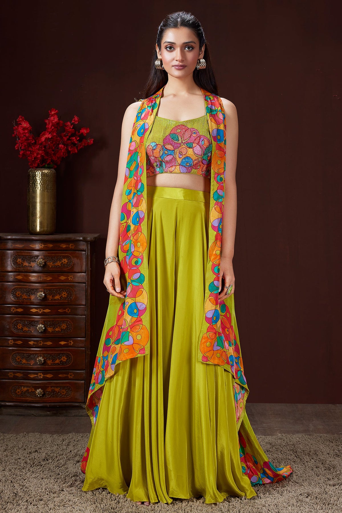 Lime Green Crepe Silk Cutdana Worked Crop Top Palazzo Set with Jacket - green silk saree