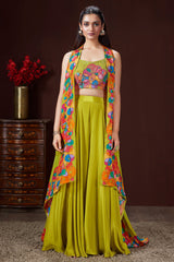 Lime Green Crepe Silk Cutdana Worked Crop Top Palazzo Set with Jacket - green silk saree