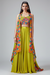 Lime Green Crepe Silk Cutdana Worked Crop Top Palazzo Set with Jacket - green silk saree
