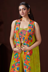 Lime Green Crepe Silk Cutdana Worked Crop Top Palazzo Set with Jacket - green silk saree