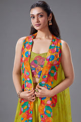 Lime Green Crepe Silk Cutdana Worked Crop Top Palazzo Set with Jacket - green silk saree