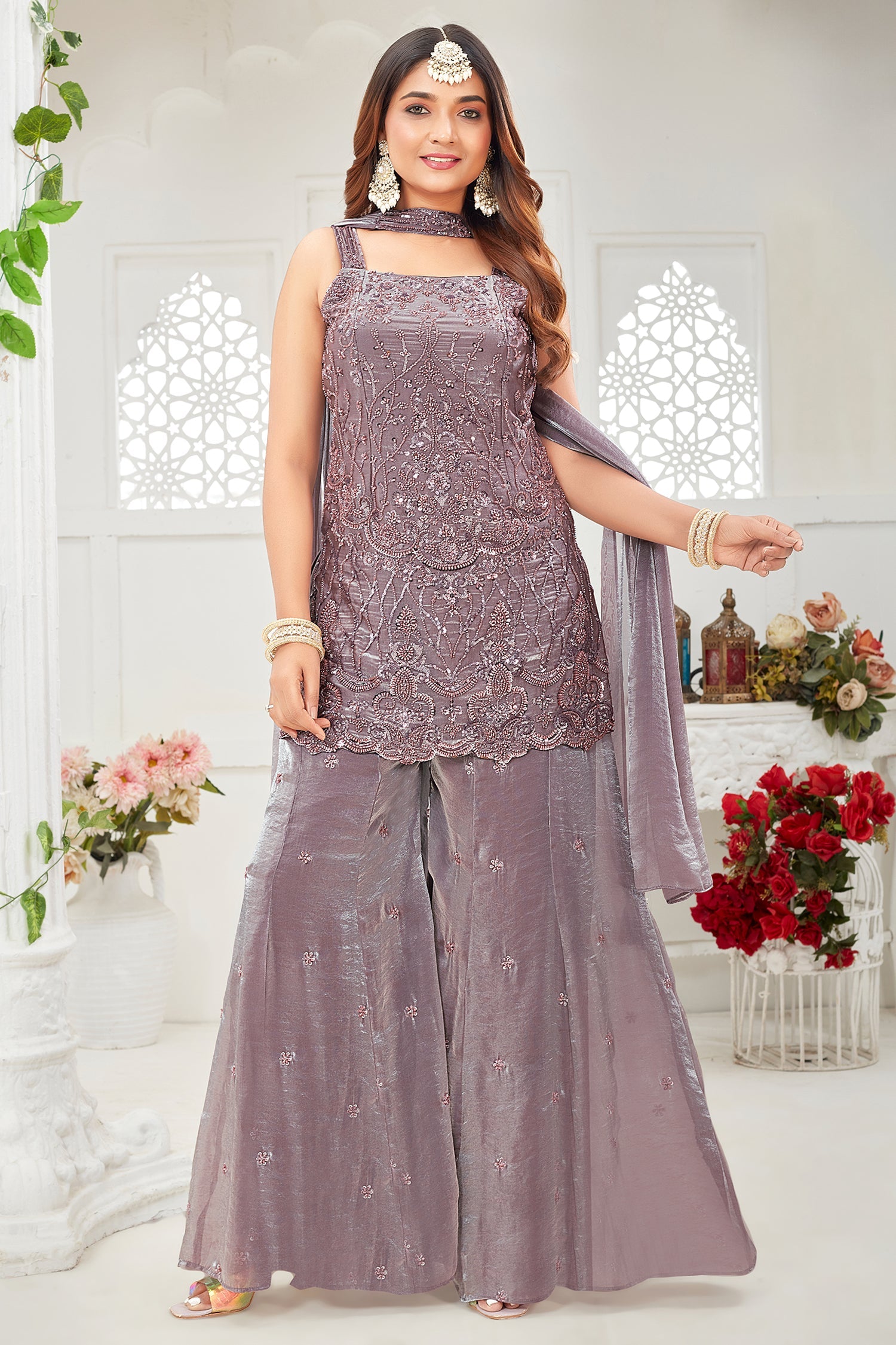 Antique Purple Glass Tissue Sequin Cutdana Worked Palazzo Suit - purple saree