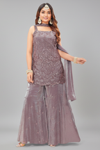 Antique Purple Glass Tissue Sequin Cutdana Worked Palazzo Suit - purple saree