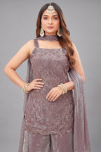 Antique Purple Glass Tissue Sequin Cutdana Worked Palazzo Suit - purple saree