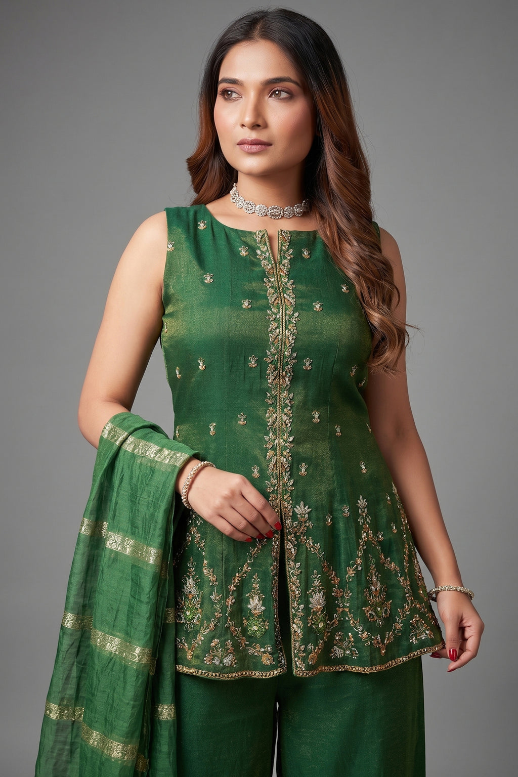 Green Tissue Cutdana Sequin Worked Palazzo Suit - green saree