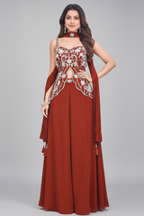 Maroon Crepe Silk Sequinned Slit Cut Palazzo Suit