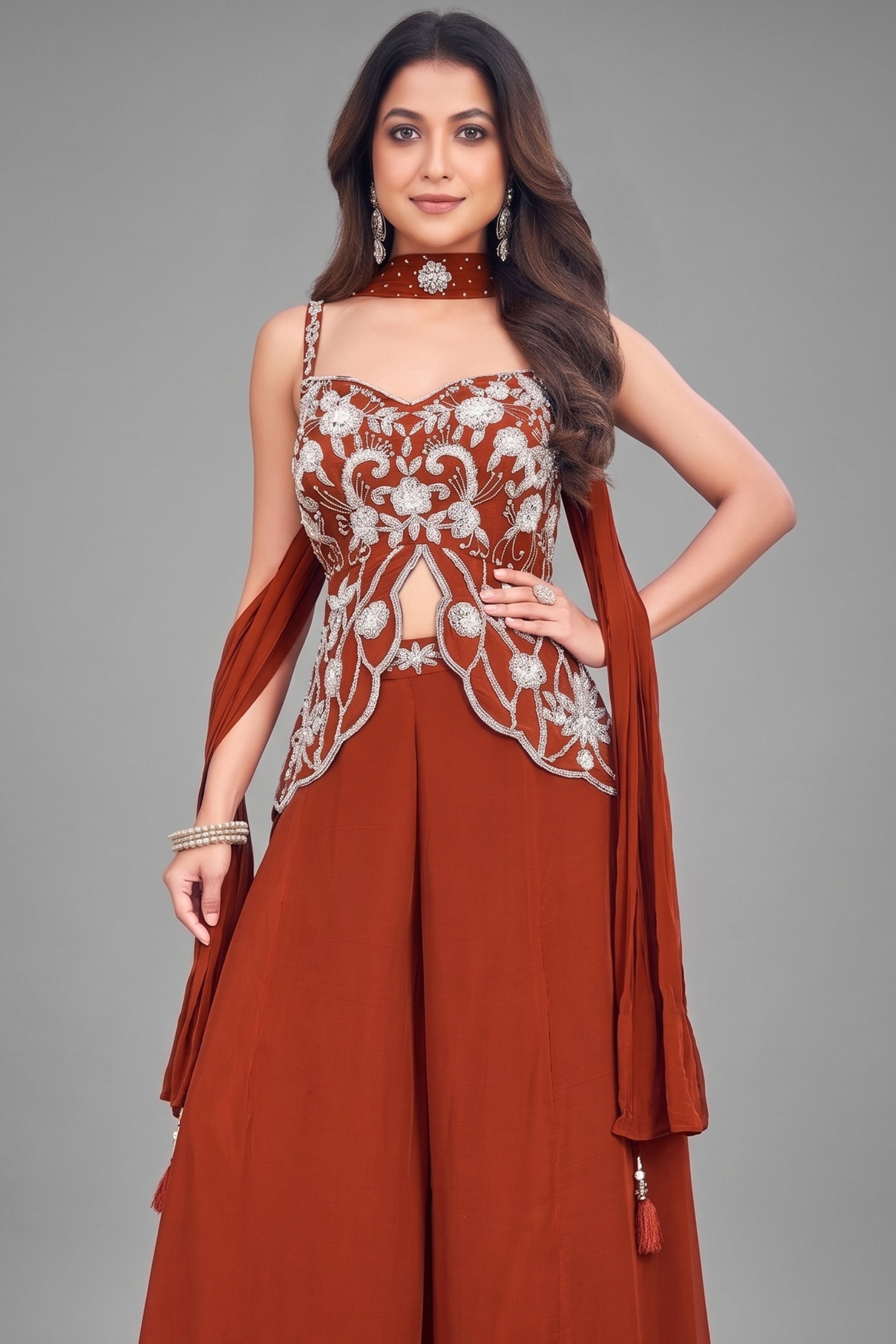 Maroon Crepe Silk Sequinned Slit Cut Palazzo Suit Secondary image