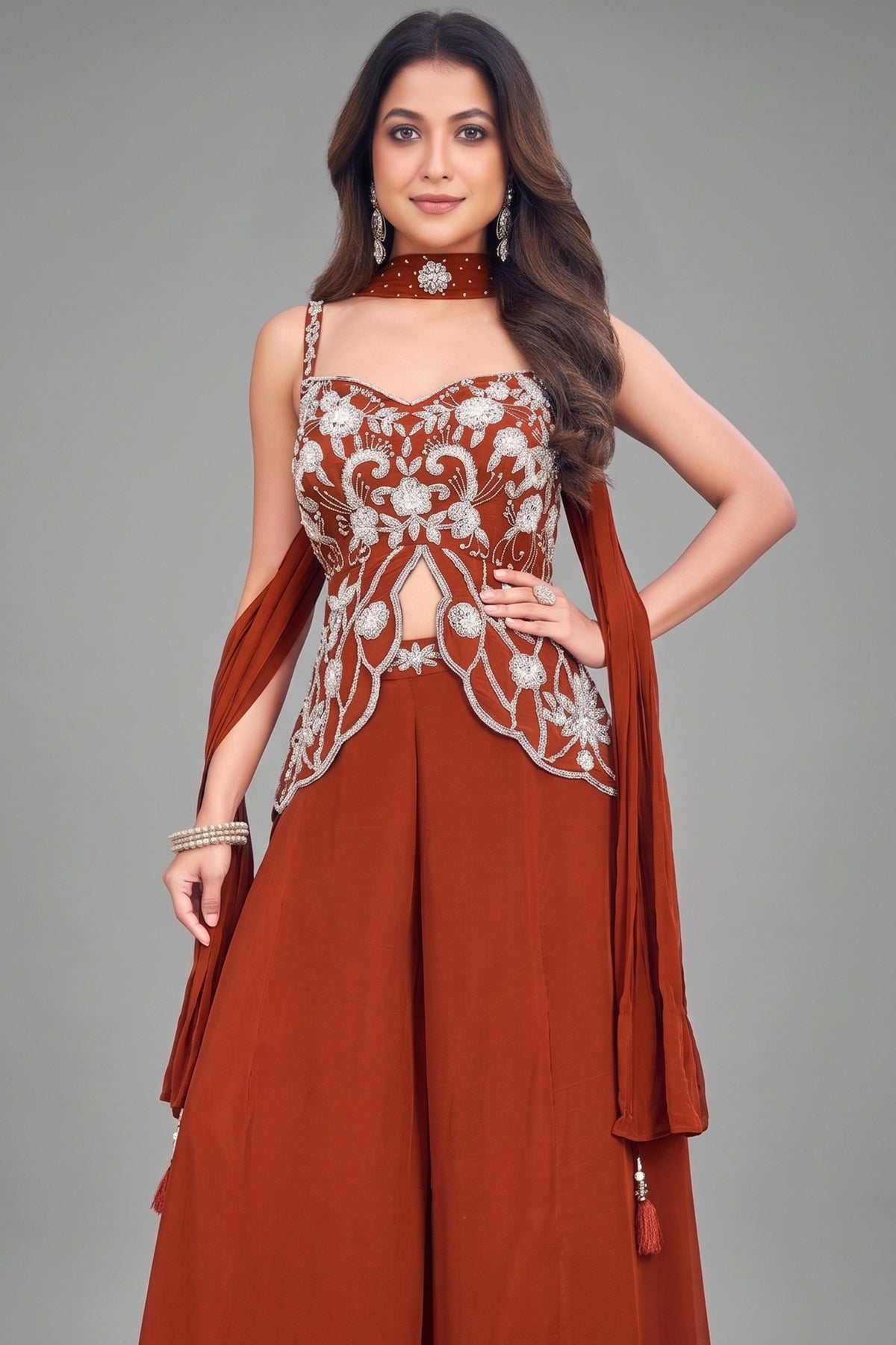 Maroon Crepe Silk Sequinned Slit Cut Palazzo Suit - maroon silk saree