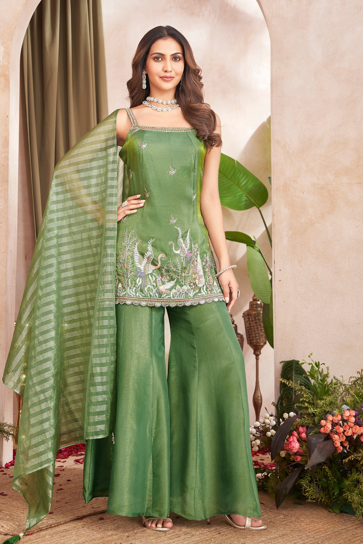 Green Tissue Cutdana and Embroidery Work Palazzo Suit